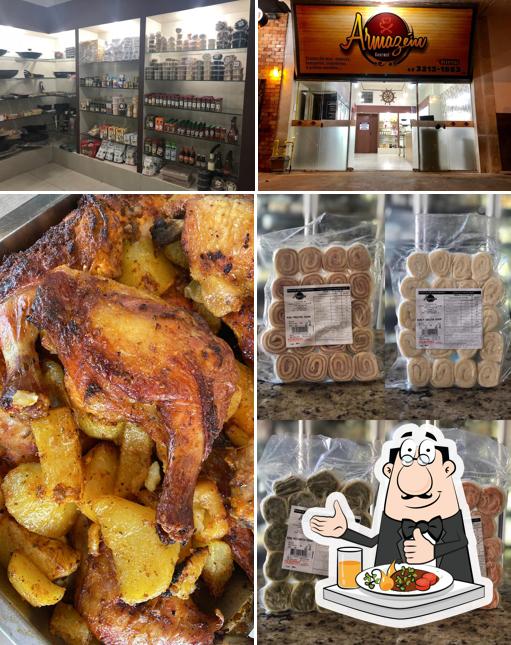 A ilustração da comida e interior no Armazém Gourmet