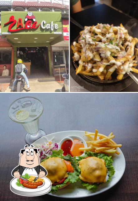 This is the image showing food and exterior at Race cafe