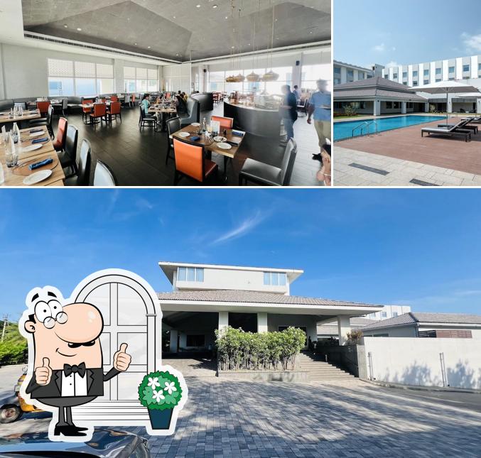 Check out the picture showing exterior and interior at Cafe