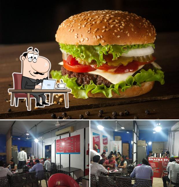 Among different things one can find interior and burger at Snacks Station