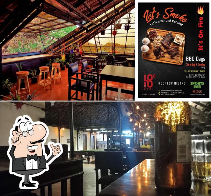 Take a seat at one of the tables at 18° Degree Rooftop Bistro