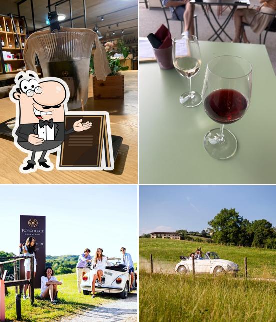 Tra le diverse cose da Vineria Borgoluce si possono trovare la esterno e cibo