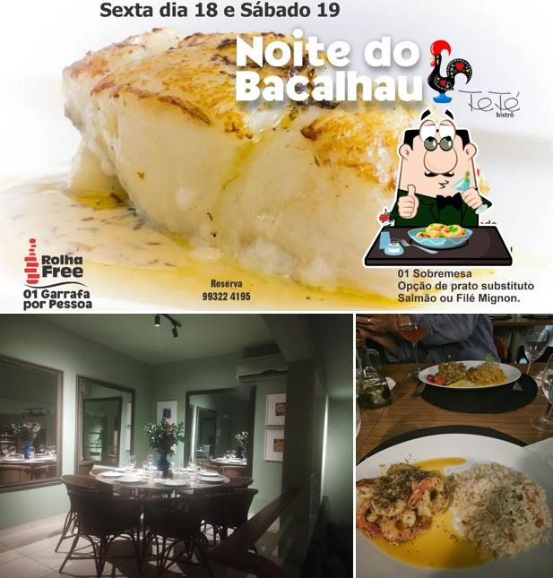 Dê uma olhada a ilustração mostrando comida e interior no Teté Bistrô