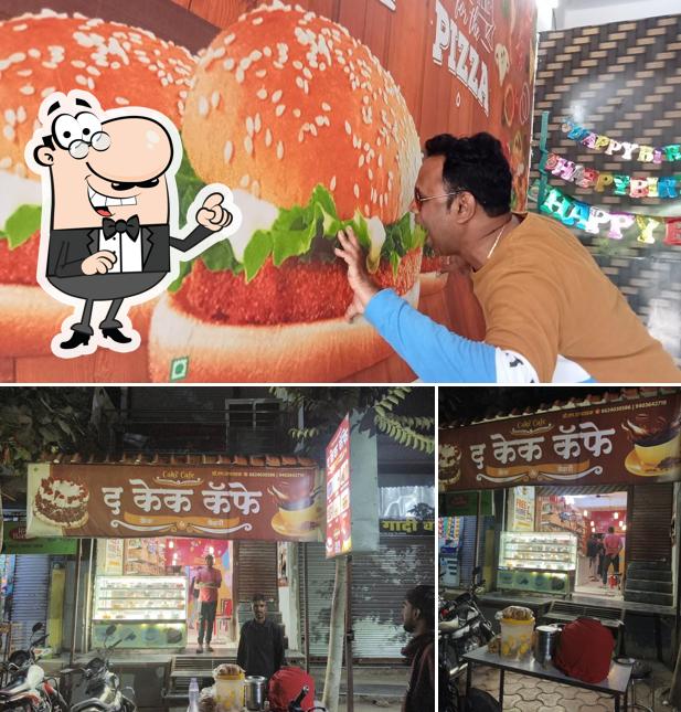 This is the picture depicting exterior and burger at The Cake Cafe