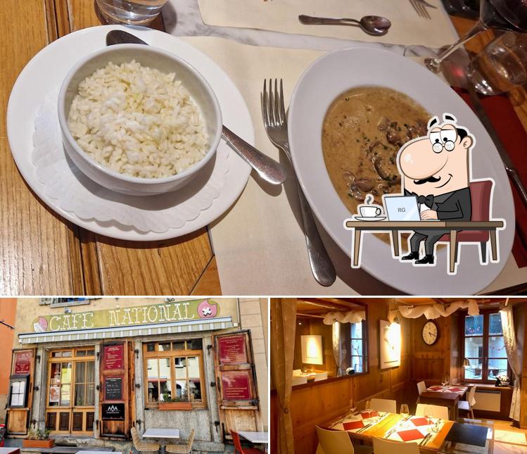 Dai un’occhiata alla foto che mostra la interni e cibo di Café Le National - Restaurant à Martigny-bourg