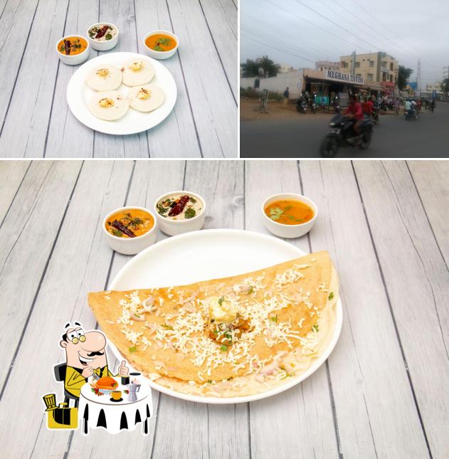 Check out the picture depicting food and exterior at Meghana Tiffins