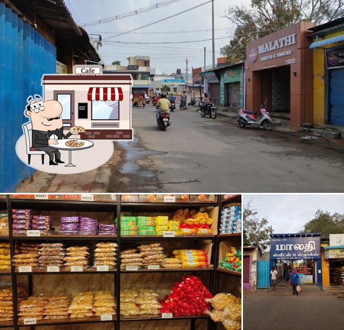 The picture of Malathi Sweet and Snacks’s exterior and food