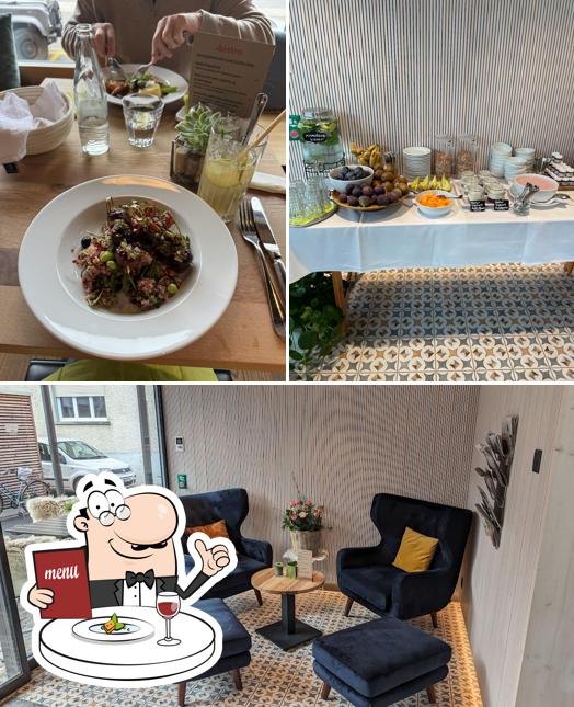 Questa è la foto che mostra la cibo e esterno di bistro Bächtelen