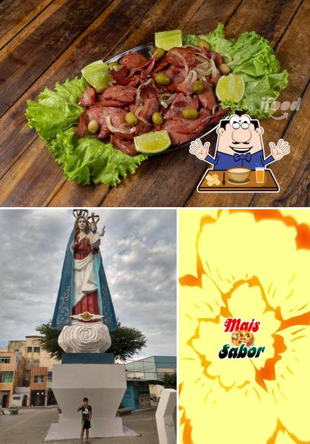 A ilustração da comida e exterior no Pizzaria e Esfiharia Mais Sabor Montese