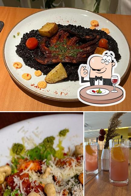 Dê uma olhada a ilustração ilustrando comida e interior no Micale Restaurante