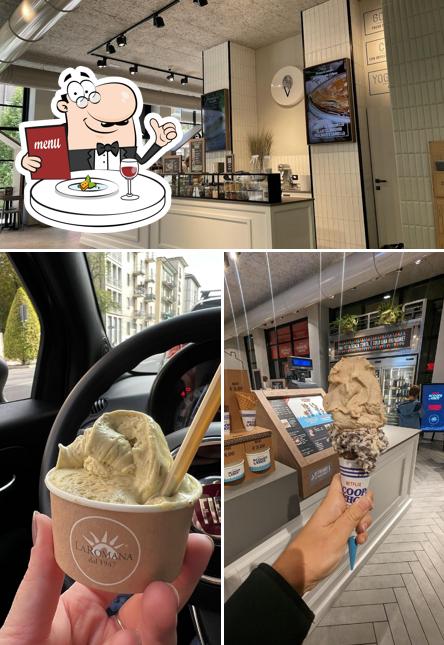 Tra le diverse cose da Gelateria La Romana si possono trovare la cibo e interni