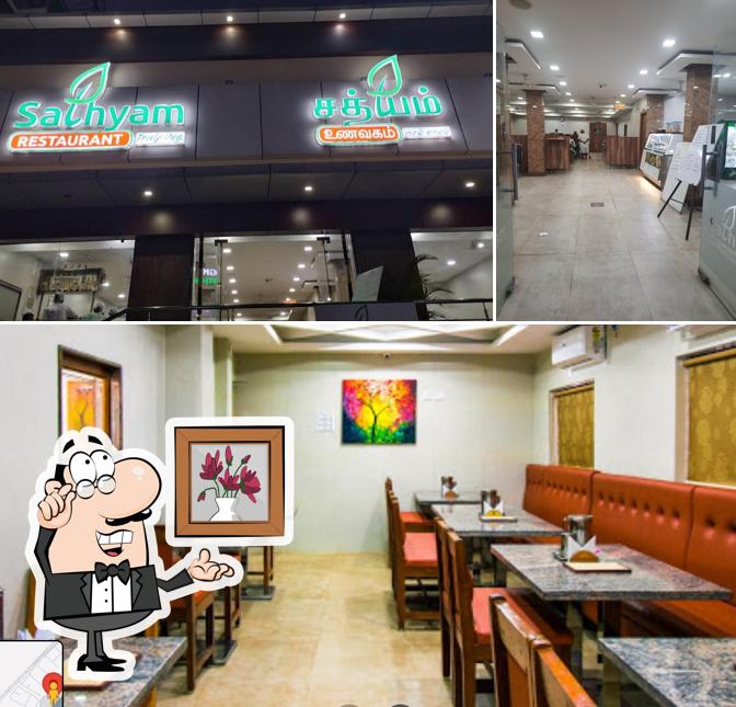 The interior of Sathyam Vegetarian Restaurant