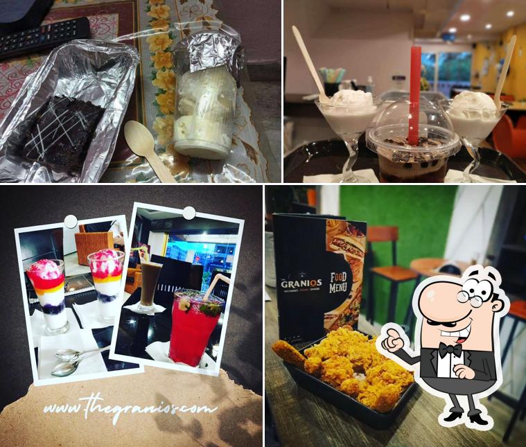Take a look at the photo showing interior and food at The Granios Cafe