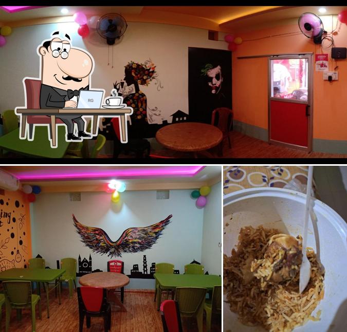 The restaurant's interior and food