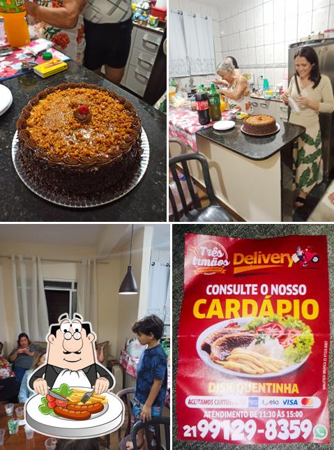 Esta é a ilustração apresentando comida e interior a Três Irmãos Restaurante e Pizzaria