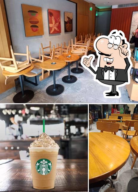 Take a seat at one of the tables at Starbucks