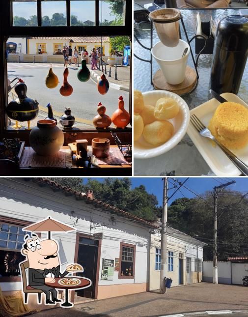 Confira a ilustração mostrando exterior e comida no Minas Parnaiba Café e Artes