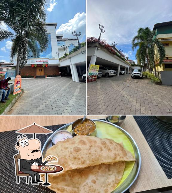 Take a look at the image showing exterior and food at Vrindavan Inn