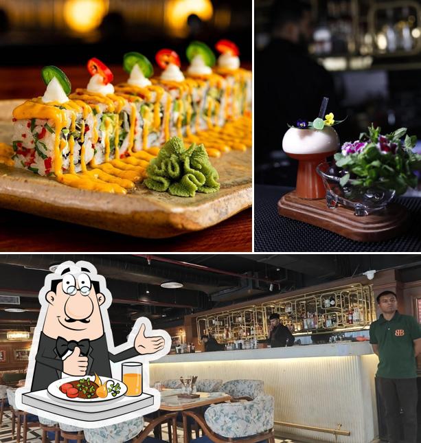 Take a look at the picture displaying food and interior at Habbit