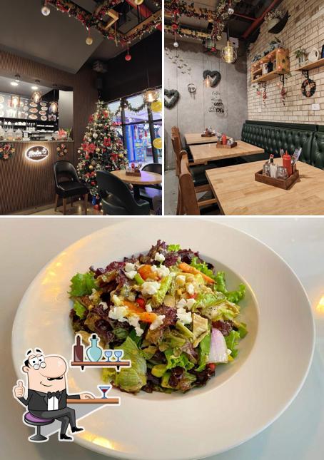 The restaurant's interior and food