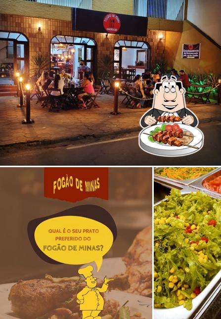 Esta é a ilustração mostrando comida e exterior no Restaurante Fogão de Minas
