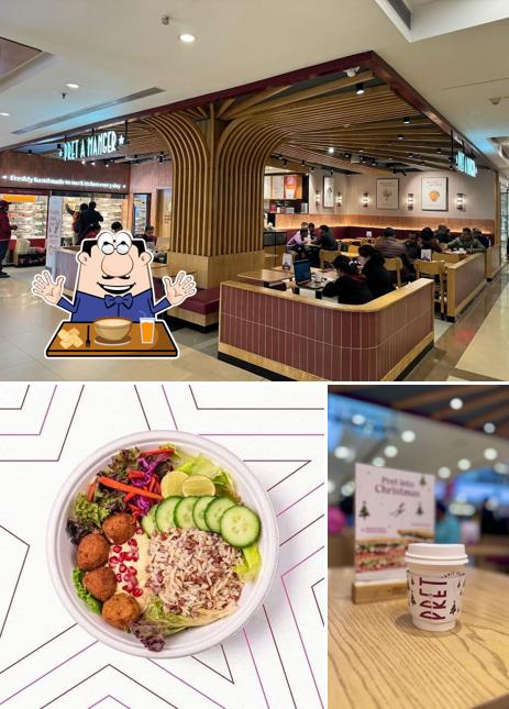 Take a look at the image showing food and interior at Pret A Manger