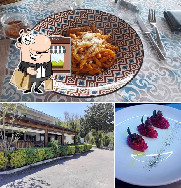 Questa è la immagine che mostra la esterno e cibo di Terre Nostre ristorante pizzeria braceria