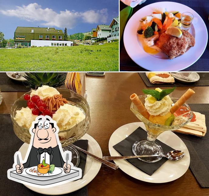 Questa è la immagine che raffigura la cibo e esterno di Restaurant Rössli