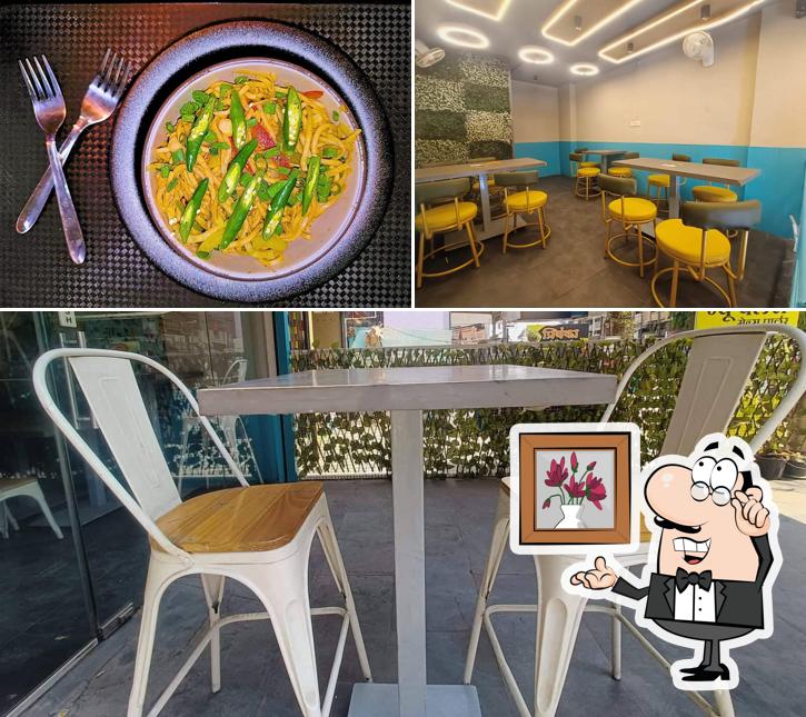 The restaurant's interior and food