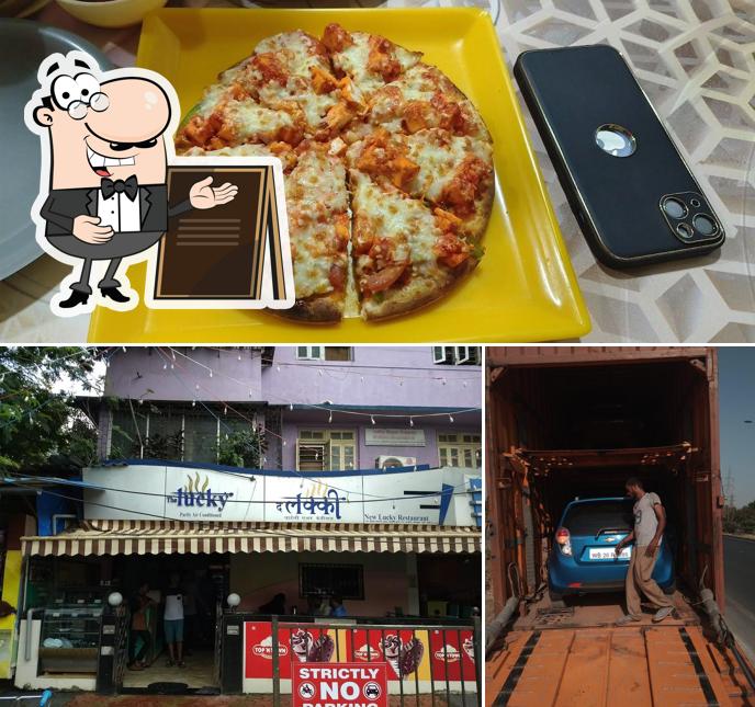 Take a look at the image showing exterior and food at New Lucky Restaurant