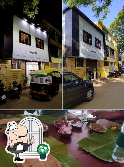 The restaurant's exterior and dining table