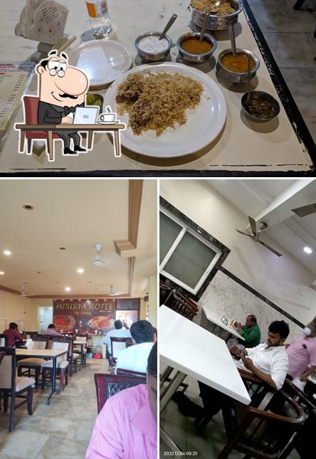This is the picture displaying interior and food at Mourya Hotel