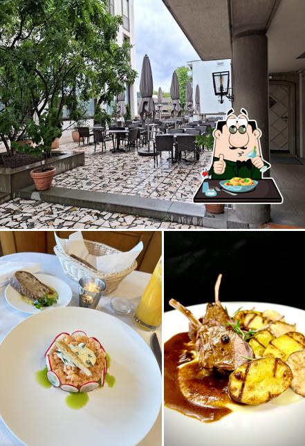 Questa è la immagine che raffigura la cibo e interni di Restaurant & Grand Café Rhyhof Frauenfeld