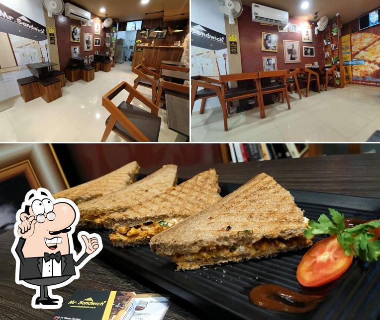 This is the image showing interior and food at Mr. Sandwich