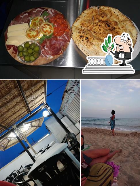 Tra le diverse cose da Pizzeria "Onda onda blu "sala all'aperto parcheggio libero si possono trovare la esterno e cibo
