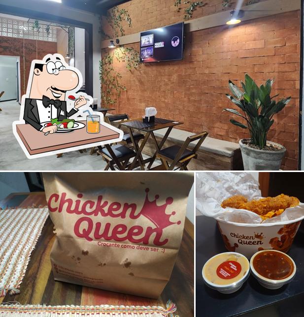 A ilustração da comida e interior no Chicken Queen