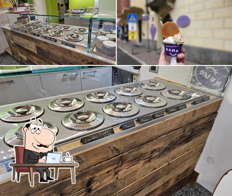 Tra le diverse cose da Kono Gelateria si possono trovare la interni e cibo