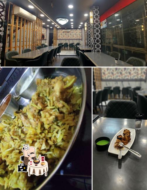 Take a look at the picture displaying food and interior at Hotel Lucky