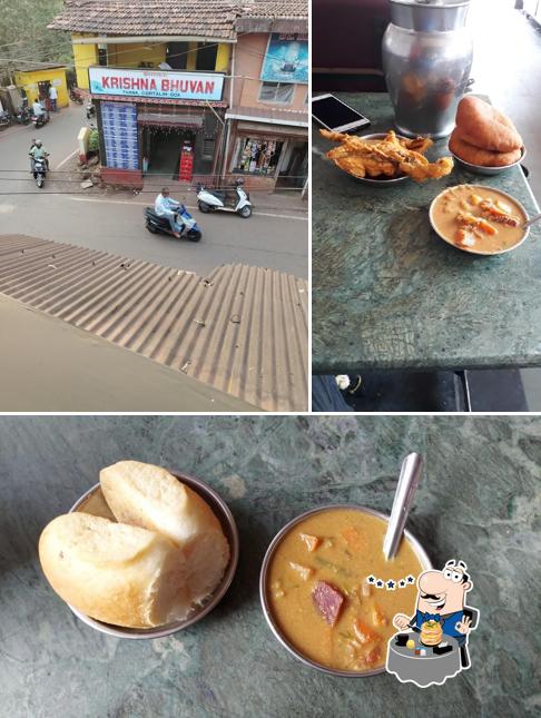 This is the image depicting food and exterior at Krishna Hotel