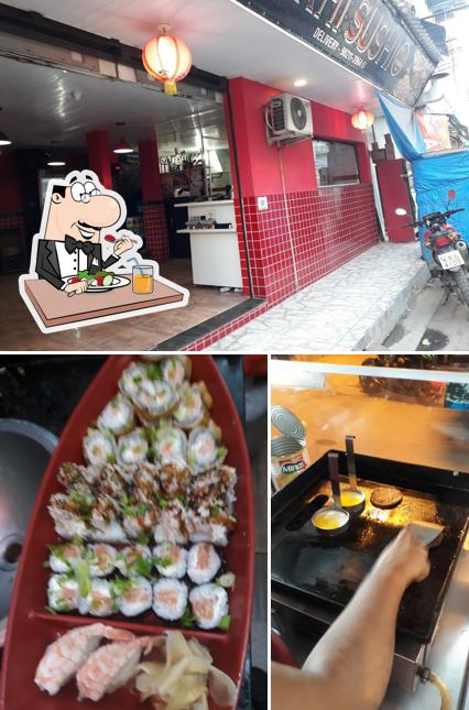 A comida e exterior do restaurante