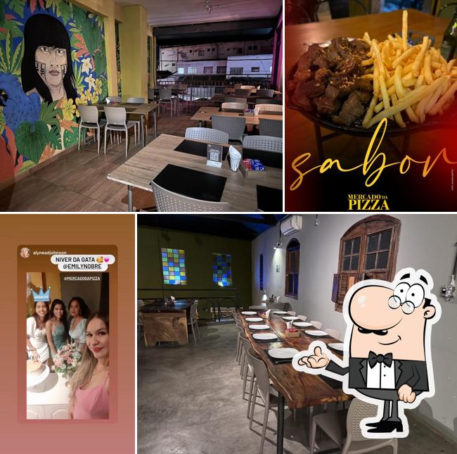 Sente em uma das mesas no Mercado da Pizza