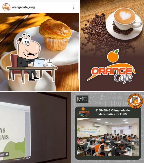 A imagem da interior e bebida no Orange Café