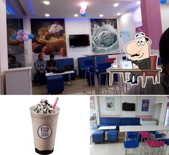 Take a look at the photo displaying interior and beverage at Baskin Robbins
