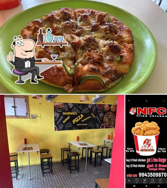 The restaurant's interior and pizza