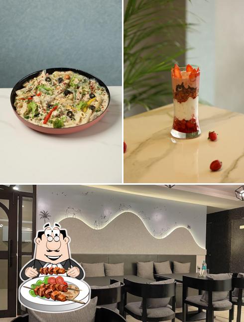 Among different things one can find food and interior at The Law Cafe with Diwaniya Mediterranean Kitchen