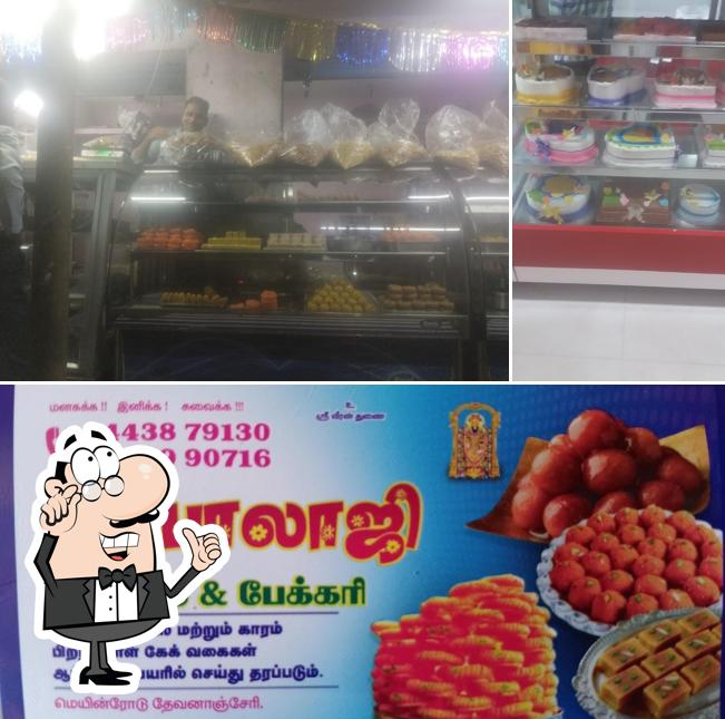 The picture of interior and food at Sree Balaji Sweets & Bakery