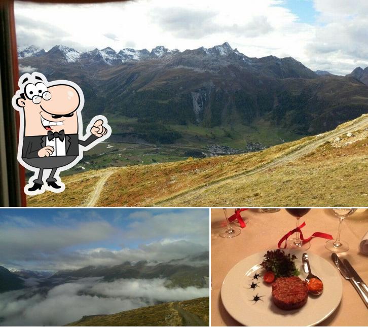 Questa è la immagine che mostra la esterno e cibo di Panoramarestaurant Muottas Muragl
