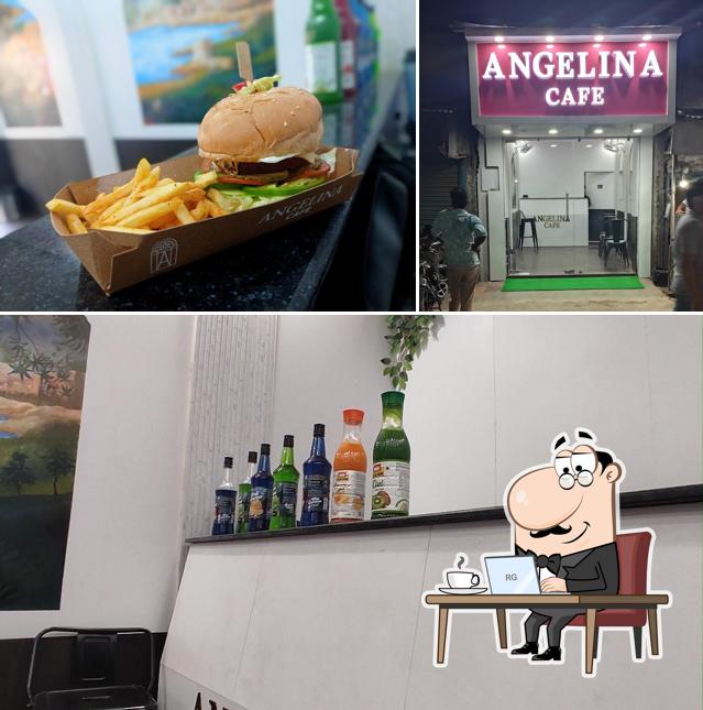 Check out the photo displaying interior and burger at ANGELINA CAFE
