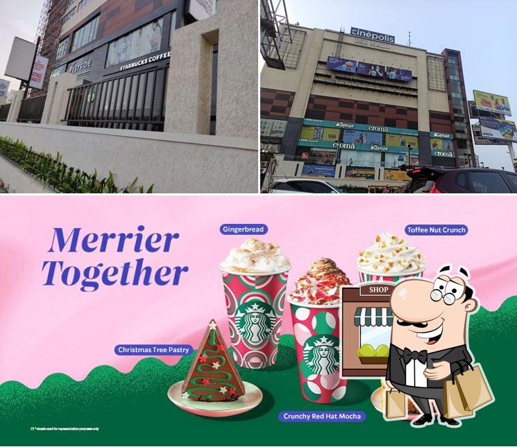 Check out the picture showing exterior and food at Starbucks