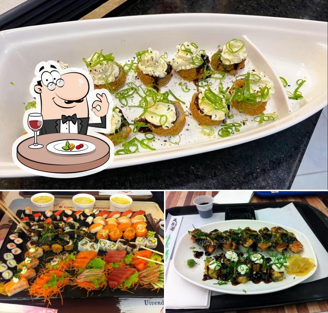 Esta é a ilustração mostrando comida e mesa de jantar no Kenji Sushi